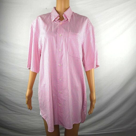 Peter Millar Pink White Grid Check Short Sleeve Button Down Dress Shirt Medium - Picture 1 of 10
